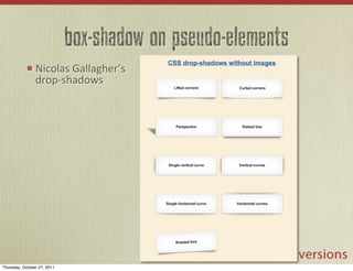 box-shadow on pseudo-elements
                Nicolas	
  Gallagher’s	
  
                drop-­‐shadows	
  




Thursday, October 27, 2011
 