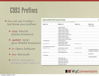 CSS3 Prefixes
            You	
  can	
  use	
  it	
  today—
            but	
  know	
  your	
  preﬁxes

                  -­‐moz-­‐	
  Mozilla	
  
                  (Gecko	
  browsers)
                  -­‐webkit-­‐	
  Safari	
  
                  (plus	
  WebKit	
  browsers)
                  -­‐o-­‐	
  Opera	
  Soware
                  -­‐ms-­‐	
  Microso
                  -­‐khtml-­‐	
  Konqueror	
  
                  browser	
  (plus	
  Safari	
  1)


Thursday, October 27, 2011
 