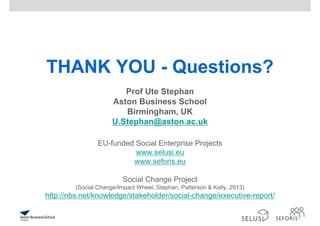THANK YOU - Questions?
Prof Ute Stephan
Aston Business School
Birmingham, UK
U.Stephan@aston.ac.uk
EU-funded Social Enterprise Projects
www.selusi.eu
www.seforis.eu
Social Change Project
(Social Change/Impact Wheel, Stephan, Patterson & Kelly, 2013)
http://nbs.net/knowledge/stakeholder/social-change/executive-report/
 