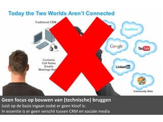 Geen focus op bouwen van (technische) bruggen
Juist op de basis ingaan zodat er geen kloof is:
In essentie is er geen verschil tussen CRM en sociale media
 