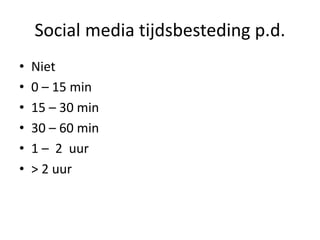 Social media tijdsbesteding p.d.
•   Niet
•   0 – 15 min
•   15 – 30 min
•   30 – 60 min
•   1 – 2 uur
•   > 2 uur
 