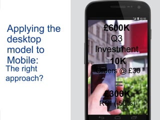 Applying the     £600K
desktop            Q3
model to       Investment
Mobile:            10K
The right      Orders @ £30
approach?
                 £300K
                ROI (-50%)
                      Google Confidential and Proprietary   14
 