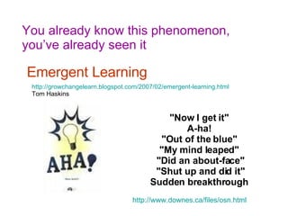 You already know this phenomenon, you’ve already seen it Emergent Learning http://growchangelearn.blogspot.com/2007/02/emergent-learning.html   Tom Haskins "Now I get it"   A-ha!   "Out of the blue"   "My mind leaped"   "Did an about-face" "Shut up and did it" Sudden breakthrough   http://www.downes.ca/files/osn.html   