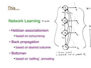 Network Learning… Hebbian associationism based on concurrency Back propagation based on desired outcome Boltzman based on ‘settling’, annealing This… 