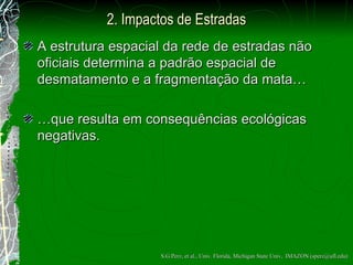 2.  Impactos de Estradas A estrutura espacial da rede de estradas n ão  oficiais determina a padr ão  espacial de desmatamento e a fragmenta ção  da mata… … que resulta em consequ ê ncias ecológicas negativas.  S.G.Perz, et al., Univ. Florida, Michigan State Univ,  IMAZON (sperz@ufl.edu) 