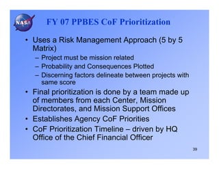 FY 07 PPBES CoF Prioritization

• Uses a Risk Management Approach (5 by 5
  Matrix)
  – Project must be mission related
  – Probability and Consequences Plotted
  – Discerning factors delineate between projects with
    same score
• Final prioritization is done by a team made up
  of members from each Center, Mission
  Directorates, and Mission Support Offices
• Establishes Agency CoF Priorities
• CoF Prioritization Timeline – driven by HQ
  Office of the Chief Financial Officer
                                                         39
 