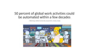50 percent of global work activities could
be automated within a few decades
-- McKinsey, Oxford University researchers, Cevea, kraka
 