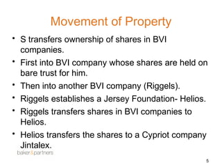 Movement of Property 
• S transfers ownership of shares in BVI 
companies. 
• First into BVI company whose shares are held on 
bare trust for him. 
• Then into another BVI company (Riggels). 
• Riggels establishes a Jersey Foundation- Helios. 
• Riggels transfers shares in BVI companies to 
Helios. 
• Helios transfers the shares to a Cypriot company 
Jintalex. 
5 
 