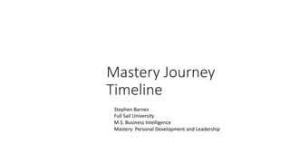 Mastery Journey
Timeline
Stephen Barnes
Full Sail University
M.S. Business Intelligence
Mastery: Personal Development and Leadership
 