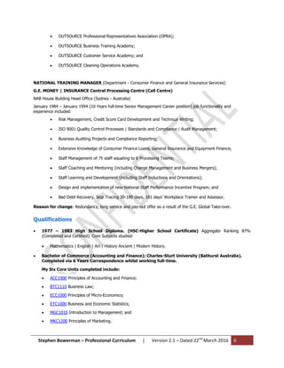 Stephen Bowerman – Professional Curriculum | Version 2.1 – Dated 22nd
March 2016 6
 OUTSOURCE Professional Representatives Association (OPRA);
 OUTSOURCE Business Training Academy;
 OUTSOURCE Customer Service Academy; and
 OUTSOURCE Cleaning Operations Academy.
NATIONAL TRAINING MANAGER (Department - Consumer Finance and General Insurance Services)
G.E. MONEY | INSURANCE Central Processing Centre (Call Centre)
NAB House Building Head Office (Sydney - Australia)
January 1984 – January 1994 (10 Years full-time Senior Management Career position) job functionality and
experience included:
 Risk Management, Credit Score Card Development and Technical Writing;
 ISO 9001 Quality Control Processes | Standards and Compliance | Audit Management;
 Business Auditing Projects and Compliance Reporting;
 Extensive Knowledge of Consumer Finance Loans, General Insurance and Equipment Finance;
 Staff Management of 75 staff equating to 6 Processing Teams;
 Staff Coaching and Mentoring (including Change Management and Business Mergers);
 Staff Learning and Development (including Staff Inductions and Orientations);
 Design and implementation of new National Staff Performance Incentive Program; and
 Bad Debt Recovery, Skip Tracing 30-180 days, 181 days’ Workplace Trainer and Assessor.
Reason for change: Redundancy, long service and pay-out offer as a result of the G.E. Global Take-over.
Qualifications
 1977 – 1983 High School Diploma. (HSC-Higher School Certificate) Aggregate Ranking 87%
(Completed and Certified). Core Subjects studied:
 Mathematics | English | Art | History Ancient | Modern History.
 Bachelor of Commerce (Accounting and Finance); Charles-Sturt University (Bathurst Australia).
Completed via 6 Years Correspondence whilst working full-time.
My Six Core Units completed include:
 ACC1000 Principles of Accounting and Finance;
 BTC1110 Business Law;
 ECC1000 Principles of Micro-Economics;
 ETC1000 Business and Economic Statistics;
 MGC1010 Introduction to Management; and
 MKC1200 Principles of Marketing.
 