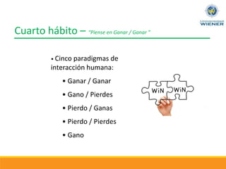 Cuarto hábito – “Piense en Ganar / Ganar ”
• Cinco paradigmas de
interacción humana:
• Ganar / Ganar
• Gano / Pierdes
• Pierdo / Ganas
• Pierdo / Pierdes
• Gano
 