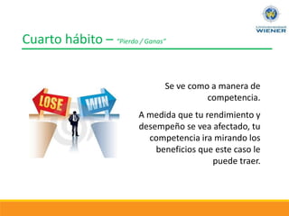 Cuarto hábito – “Pierdo / Ganas”
Se ve como a manera de
competencia.
A medida que tu rendimiento y
desempeño se vea afectado, tu
competencia ira mirando los
beneficios que este caso le
puede traer.
 