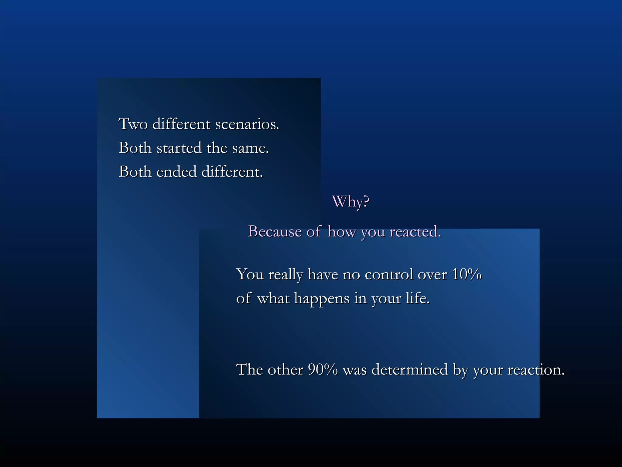 Two different scenarios.  Both started the same. Both ended different.  Why? Because of how you reacted . You really have no control over 10% of what happens in your life. The other 90% was determined by your reaction. 