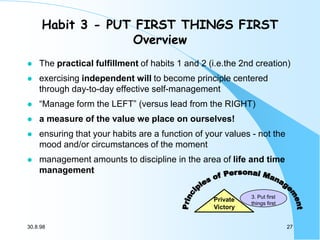 Habit 3 - PUT FIRST THINGS FIRST
Overview


The practical fulfillment of habits 1 and 2 (i.e.the 2nd creation)



exerci...