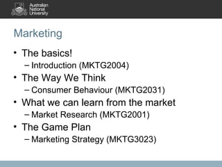 Marketing The basics! Introduction (MKTG2004) The Way We Think Consumer Behaviour (MKTG2031) What we can learn from the market Market Research (MKTG2001) The Game Plan Marketing Strategy (MKTG3023)