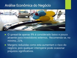 Análise Econômica do Negócio
 O spread de apenas 9% é considerado baixo e pouco
atraente para investidores externos. Recomenda-se, no
mínimo, 21%.
 Margens reduzidas como esta aumentam o risco do
negócio, pois qualquer intempérie pode ocasionar
prejuízos significativos.
 