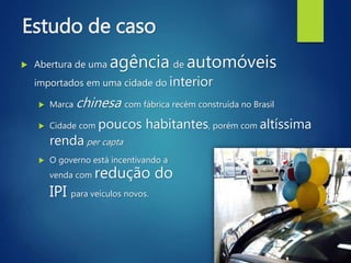 Estudo de caso
 Abertura de uma agência de automóveis
importados em uma cidade do interior
 Marca chinesa com fábrica recém construída no Brasil
 Cidade com poucos habitantes, porém com altíssima
renda per capta
 O governo está incentivando a
venda com redução do
IPI para veículos novos.
 