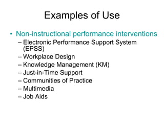 Examples of Use Non-instructional performance interventions Electronic Performance Support System (EPSS)  Workplace Design  Knowledge Management (KM)  Just-in-Time Support  Communities of Practice  Multimedia  Job Aids  