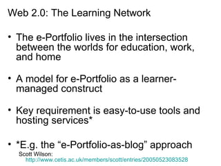 Web 2.0: The Learning Network The e-Portfolio lives in the intersection between the worlds for education, work, and home A model for e-Portfolio as a learner-managed construct Key requirement is easy-to-use tools and hosting services* *E.g. the “e-Portfolio-as-blog” approach Scott Wilson:  http://www.cetis.ac.uk/members/scott/entries/20050523083528   