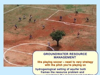 GROUNDWATER RESOURCE
MANAGEMENT
like playing soccer – need to vary strategylike playing soccer – need to vary strategy
with the pitch you’re playing onwith the pitch you’re playing on
hydrogeological setting of aquifer both
frames the resource problem and
 