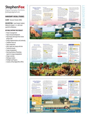 Linking Oklahoma
to the World
Oklahoma is a landlocked state
in the middle of the United States.
Still, it is connected to the rest of the
world by its rivers.
McClellan-Kerr Arkansas River
Navigation System
Before the Civil War, small boats
traveled on the Arkansas River.
However, large boats could not use
the river or its connecting systems.
The river also flooded its banks at
times. Floods caused a lot of damage.
In 1943, Robert S. Kerr became
governor of Oklahoma. He wanted
to connect Oklahoma with the
Mississippi River and the Gulf of
Mexico. He wanted to build a navi-
gation system.
In 1957, work began on a series of
dams and locks called the McClellan-
Kerr Arkansas River Navigation
System. A dam is a structure that
stops water from flowing. A lock is
a part of a canal in which the water
level can be changed to bring ships
to the next section of the canal. Locks
were needed because the land eleva-
tion changes along the waterway.
MOVEMENT The McClellan-Kerr Arkansas
River Navigation System follows the path of
the Arkansas River. At which port does this system
begin? The diagram below shows how a ship is
raised or lowered in a lock. What causes a ship to
lower when it is in a lock?
1 A ship enters the lock
and gates close behind it.
2 Water is pumped into the lock
to raise the ship or pumped out
of the lock to lower the ship.
SXEOK07ASE4X_U3L4.indd 138 6/14/06 2:23:55 PM
Summary
In 1970, the 445-mile navigation
system was completed. It made
transportation along the Arkansas
River faster and more reliable.
SUMMARIZE
What is the McClellan-Kerr Arkansas River
Navigation System?
1. WHAT TO KNOW How did Oklahoma
change after World War II?
2. VOCABULARY Use the terms lock
and dam in a sentence to explain
the McClellan-Kerr Arkansas River
Navigation System.
3. ECONOMICS How does the McClellan-
Kerr Arkansas River Navigation
System help people in Oklahoma sell
what they make?
4. CRITICAL THINKING Why do you think
Clara Luper and Ada Lois Sipuel took
part in the Civil Rights movement?
5. WRITE A PERSUASIVE LETTER
Imagine that you have just
joined a civil rights group. Write a
letter persuading a friend to join you.
6. Focus
Skill
SUMMARIZE On a sheet of paper,
copy and complete this graphic
organizer.
After World War II, many people
in Oklahoma moved from farms to
cities, looking for jobs. People, such
as Ada Lois Sipuel and Clara Luper,
worked for civil rights. The McClellan-
Kerr Arkansas River Navigation
System improved transportation
in Oklahoma.
139
3 Gates open in front of the
ship, and it leaves the lock.
SXEOK07ASE4X_U3L4.indd 139 6/14/06 3:24:28 PM
The Fur Trade
The Spanish came to Oklahoma
looking for gold. The French wanted
fur to sell in Europe.
Becoming Partners
In the 1600s, fur was popular in
Europe. People there used fur to
make hats and clothing. The French
explorers knew that the Native
Americans were skilled hunters.
The French wanted the fur of the
animals that the Native Americans
hunted, such as buffalo and beaver.
In exchange, the French gave the
Native Americans iron, tools, cloth,
paints, mirrors, guns, and other
goods from Europe.
Setting Up Trading Posts
The French set up trading posts
along Oklahoma’s rivers. The French
and the Native Americans exchanged
goods at these trading posts. In 1796,
Major Jean Pierre Chouteau set up
Salina, the first permanent European
settlement in what is now Oklahoma.
A settlement is a new community.
A person who lives in a settlement
is called a settler.
The French did not want to trade
with only the Native Americans.
They also wanted to trade goods
with the Spanish who had built
settlements along the Rio Grande.
The French used Oklahoma’s rivers
to reach the Spanish settlements in
the Southwest.
FUR TRADE Native Americans in Oklahoma traded goods with Europeans.
Usually, the two groups traded along the riverbanks.
62 ■ Unit 2
SXEOK07ASE4X_U2L1.indd 5 6/7/06 1:50:51 PM
Summary
Conflict over Land
The Spanish did not want the
French moving onto Spanish land.
As a result, the Spanish and the
French began to fight. Some Native
Americans fought as allies of the
Spanish. An ally is a friend or
partner, especially in times of war.
Other Native Americans sided with
the French.
CAUSE AND EFFECT
What caused the conflict between Spain
and France?
The Spanish were the first
Europeans to explore Oklahoma.
The French came later to trade with
the Native Americans and with the
Spanish. Conflicts over land led to
fighting between Spain and France.
1. WHAT TO KNOW Why did the Spanish
and the French explore what is now
Oklahoma?
2. VOCABULARY How are the words
explorer and expedition related?
3. GEOGRAPHY In which part of North
America were the earliest French
settlements?
4. CRITICAL THINKING How do you think
European goods changed the daily
lives of Native Americans in
Oklahoma?
5. WRITE A LETTER Imagine that
you are an early European
explorer in Oklahoma. Write a letter to
a friend back home in France or Spain
describing what you have seen.
6. Focus
Skill
CAUSE AND EFFECT On a sheet
of paper, copy and complete this
graphic organizer.
SXEOK07ASE4X_U2L1.indd 63 6/7/06 4:18:09 PM
Regions in Eastern
Oklahoma
Eastern Oklahoma has grasslands,
hills, mountains, and lakes. The soil
and climate there make much of the
area ideal for farming. There are five
natural regions in eastern Oklahoma.
Sandstone Hills
The Sandstone Hills region is
named for its hilly land and sandy
soil. Most of the Sandstone Hills are
covered with Cross Timbers wood-
lands. This region has farms. Oil, gas,
and coal are found underground in
some parts of the region.
Prairie Plains
The Prairie Plains region lies to the
east of the Sandstone Hills. A plain is
a large area of flat or rolling land. In
1832, the author Washington Irving
described the prairie as
“rolling country, with here
and there a clump of trees,
dimly seen in the distance
like a ship at sea.
”
The mostly level land has fertile,
or rich, soil. Many farms that
produce hay are in the Prairie
Plains region. There are also many
cattle ranches.
16 ■ Unit 1
Sandstone
bluffs above the
Cimarron River
Bison grazing
on the Prairie
Plains
SXEOK07ASE4X_U1L2.indd 3 6/13/06 12:54:43 PM
Ozark Plateau
In the northeastern corner of the
state is the Ozark Plateau. A plateau
(pla•TOH) is an area of high, flat land
with lower land around it. The Ozark
Plateau has hills and steep bluffs, or
cliffs, that are cut through by several
streams. Small farms in this region
grow mostly fruits and vegetables.
Many people visit this part of the
state to enjoy the outdoors.
Ouachita Mountains
The Ouachita Mountains are in
southeastern Oklahoma along the
border with Arkansas. This region
has the most mountainous land in
the state. It is also the most rugged.
Lumber from the mountain forests is
an important product of this region.
Coal is found here, too.
Red River Region
The Red River Region forms part
of the border between Oklahoma and
Texas. The sandy soil of these flat
plains is good for growing vegetables
and peanuts. This region is where the
lowest point in Oklahoma is located.
It is about 287 feet high and near a
bend in the Little River.
COMPARE AND CONTRAST
How is the Prairie Plains region different
from the Ouachita Mountains?
Unit 1 ■ 17
Osage Hills
and Sand Creek
on the Ozark
Plateau
Sandy soil
along the Red
River
Talimena
scenic byway in
the Ouachita
Mountains
SXEOK07ASE4X_U1L2.indd 4 6/13/06 12:56:12 PM
LESSONPAGES
StephenFox
Digital Samples Portfolio
foxdesigns@gmail.com
HARCOURT SOCIAL STUDIES
CLIENT  Harcourt Schools (2006)
DESCRIPTION  Social Studies Student
Edition for Grades 3–4, with state
specific for Oklahoma
MY ROLES WITHIN THIS PROJECT 
•	 Project management
•	 Page concept development
•	 Page layout with input from Senior
Design staff
•	 Designimplementationandcontinuity
•	 Template clean-up
•	 Page composition
•	 Direct input into image selection
•	 Technical artwork
•	 Image manipulation
•	 Directing freelance Photoshop
experts in image manipulation
•	 Image scanning
•	 Montage creation
•	 Preflight and Prepress
•	 Creation of final digital files (PDFs)
 