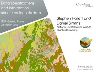 Data specifications
and information
structures for soils data
GSP Meeting Rome
22 March 2012
Stephen Hallett and
Daniel Simms
National Soil Resources Institute
Cranfield University
Landis.org.uk
 