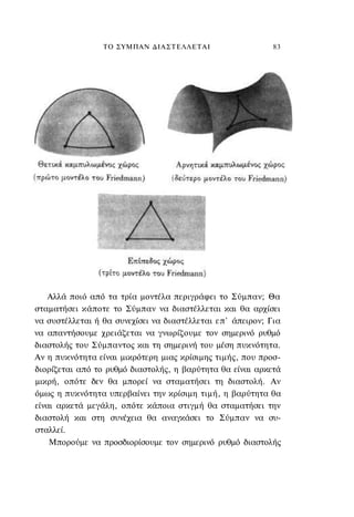 ΤΟ ΣΥΜΠΑΝ ΔΙΑΣΤΕΛΛΕΤΑΙ                     83




    Αλλά ποιό από τα τρία μοντέλα περιγράφει το Σύμπαν; Θα
σταματήσει κάποτε το Σύμπαν να διαστέλλεται και θα αρχίσει
να συστέλλεται ή θα συνεχίσει να διαστέλλεται επ' άπειρον; Για
να απαντήσουμε χρειάζεται να γνωρίζουμε τον σημερινό ρυθμό
διαστολής του Σύμπαντος και τη σημερινή του μέση πυκνότητα.
Αν η πυκνότητα είναι μικρότερη μιας κρίσιμης τιμής, που προσ-
διορίζεται από το ρυθμό διαστολής, η βαρύτητα θα είναι αρκετά
μικρή, οπότε δεν θα μπορεί να σταματήσει τη διαστολή. Αν
όμως η πυκνότητα υπερβαίνει την κρίσιμη τιμή, η βαρύτητα θα
είναι αρκετά μεγάλη, οπότε κάποια στιγμή θα σταματήσει την
διαστολή και στη συνέχεια θα αναγκάσει το Σύμπαν να συ-
σταλλεί.
    Μπορούμε να προσδιορίσουμε τον σημερινό ρυθμό διαστολής
 