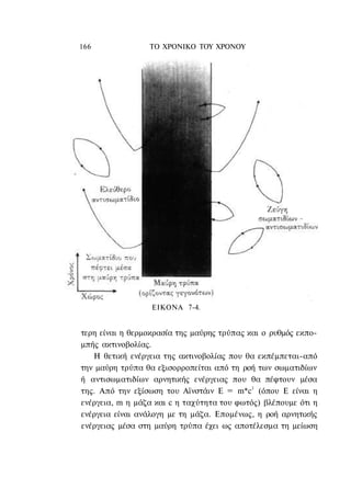 166              ΤΟ ΧΡΟΝΙΚΟ ΤΟΥ ΧΡΟΝΟΥ




                  ΕΙΚΟΝΑ 7-4.


τερη είναι η θερμοκρασία της μαύρης τρύπας και ο ρυθμός εκπο-
μπής ακτινοβολίας.
   Η θετική ενέργεια της ακτινοβολίας που θα εκπέμπεται-από
την μαύρη τρύπα θα εξισορροπείται από τη ροή των σωματιδίων
ή αντισωματιδίων αρνητικής ενέργειας που θα πέφτουν μέσα
της. Από την εξίσωση του Αϊνστάιν Ε = m*c2 (όπου Ε είναι η
ενέργεια, m η μάζα και c η ταχύτητα του φωτός) βλέπουμε ότι η
ενέργεια είναι ανάλογη με τη μάζα. Επομένως, η ροή αρνητικής
ενέργειας μέσα στη μαύρη τρύπα έχει ως αποτέλεσμα τη μείωση
 