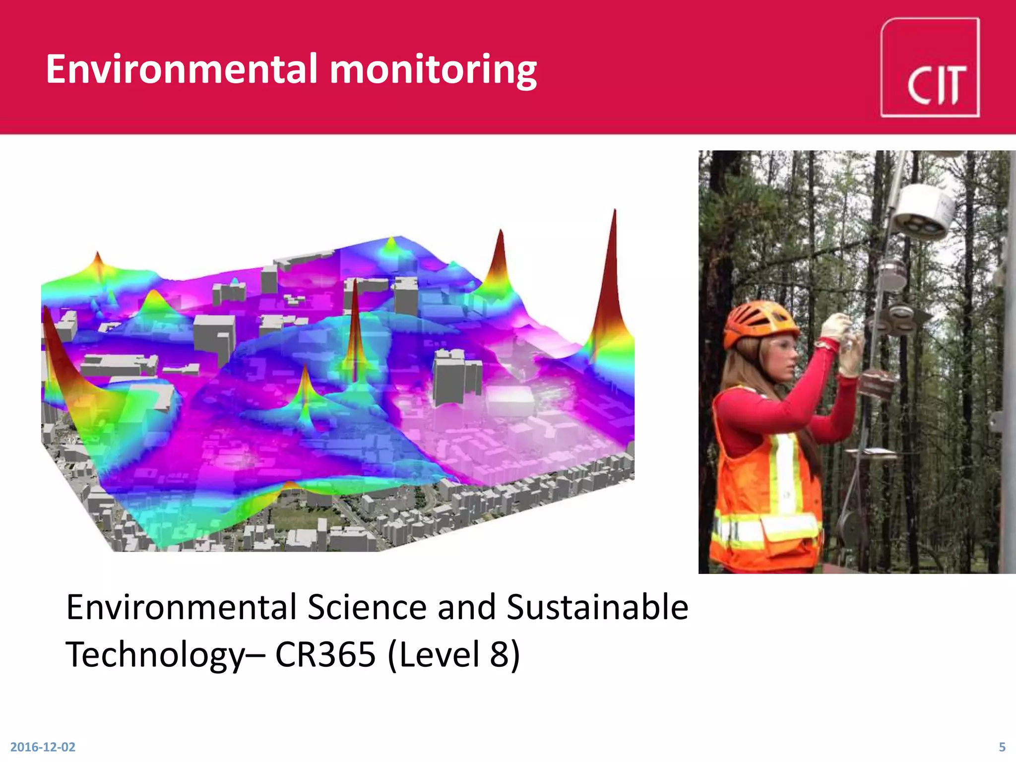 Environmental monitoring
2016-12-02 5
Environmental Science and Sustainable
Technology– CR365 (Level 8)
 