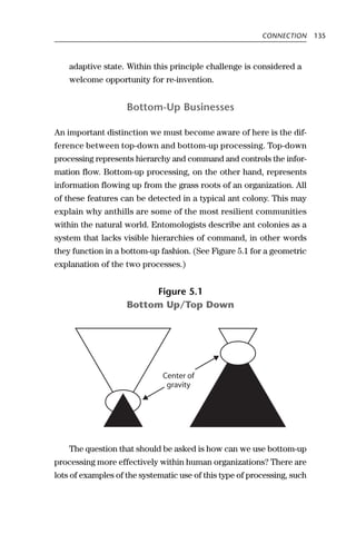 CONNECTION      135



    adaptive state. Within this principle challenge is considered a
    welcome opportunity for re-invention.


                    Bottom-Up Businesses

An important distinction we must become aware of here is the dif-
ference between top-down and bottom-up processing. Top-down
processing represents hierarchy and command and controls the infor-
mation flow. Bottom-up processing, on the other hand, represents
information flowing up from the grass roots of an organization. All
of these features can be detected in a typical ant colony. This may
explain why anthills are some of the most resilient communities
within the natural world. Entomologists describe ant colonies as a
system that lacks visible hierarchies of command, in other words
they function in a bottom-up fashion. (See Figure 5.1 for a geometric
explanation of the two processes.)


                         Figure 5.1
                    Bottom Up/Top Down




                              Center of
                               gravity




    The question that should be asked is how can we use bottom-up
processing more effectively within human organizations? There are
lots of examples of the systematic use of this type of processing, such
 
