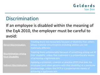 Discrimination
If an employee is disabled within the meaning of
the EqA 2010, the employer must be careful to
avoid:
Direct Discrimination
Treating them less favourably because of disability than others
whose material circumstances including abilities are not
materially different
Discrimination arising
from Disability
Treating them unfavourably because of something arising out of
their disability, unless that treatment is a proportionate means
of achieving a legitimate aim
Indirect Discrimination
Applying a provision, criterion or practice (PCP) that puts the
employee (and other persons with that disability) at a particular
disadvantage, unless that PCP is a proportionate means of
achieving a legitimate aim
 