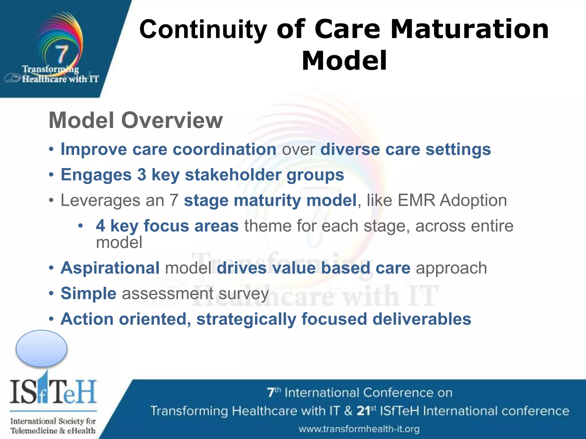 Continuity of Care Maturation
Model
Model Overview
• Improve care coordination over diverse care settings
• Engages 3 key stakeholder groups
• Leverages an 7 stage maturity model, like EMR Adoption
• 4 key focus areas theme for each stage, across entire
model
• Aspirational model drives value based care approach
• Simple assessment survey
• Action oriented, strategically focused deliverables
 
