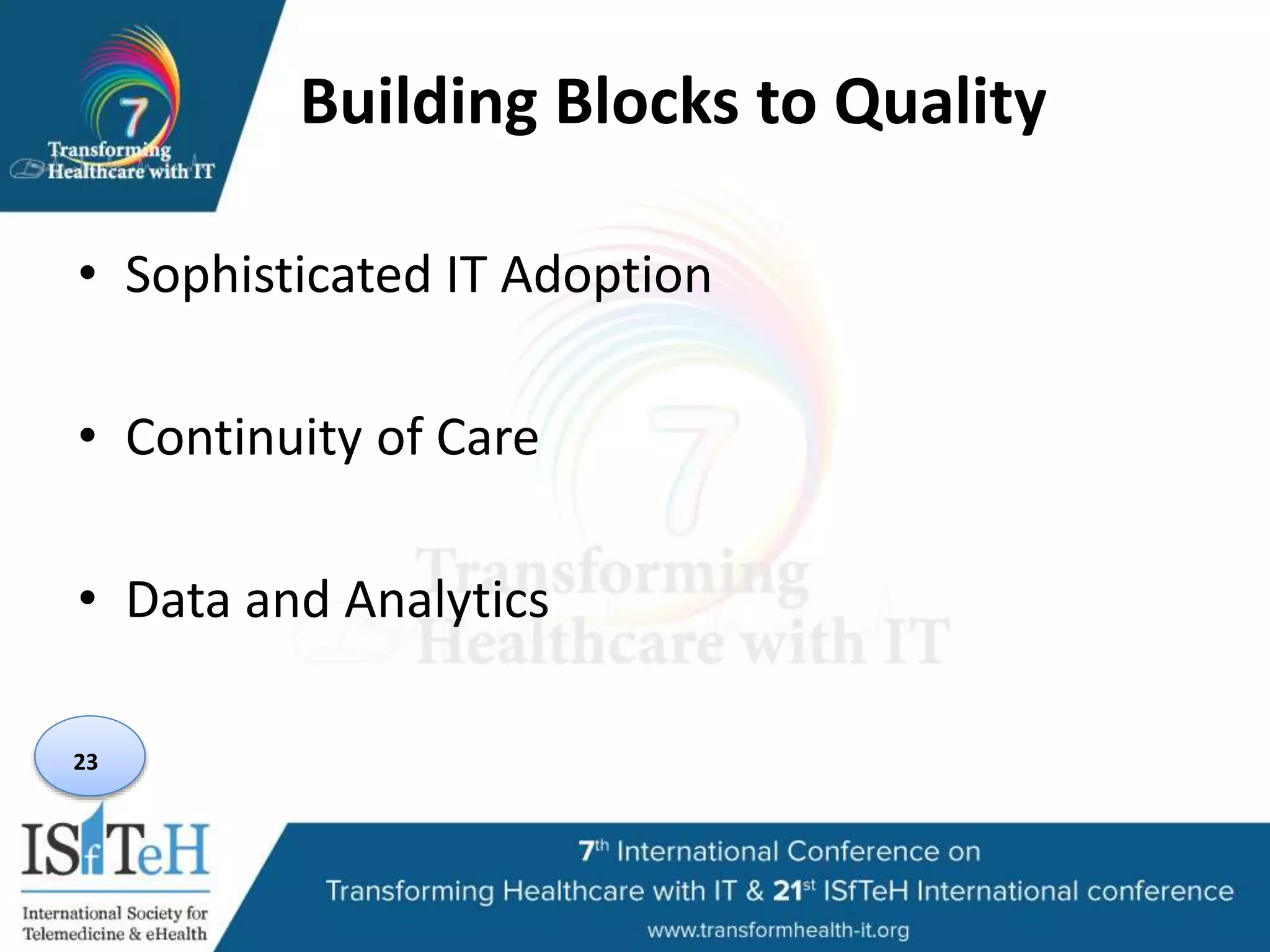 Building Blocks to Quality
• Sophisticated IT Adoption
• Continuity of Care
• Data and Analytics
23
 
