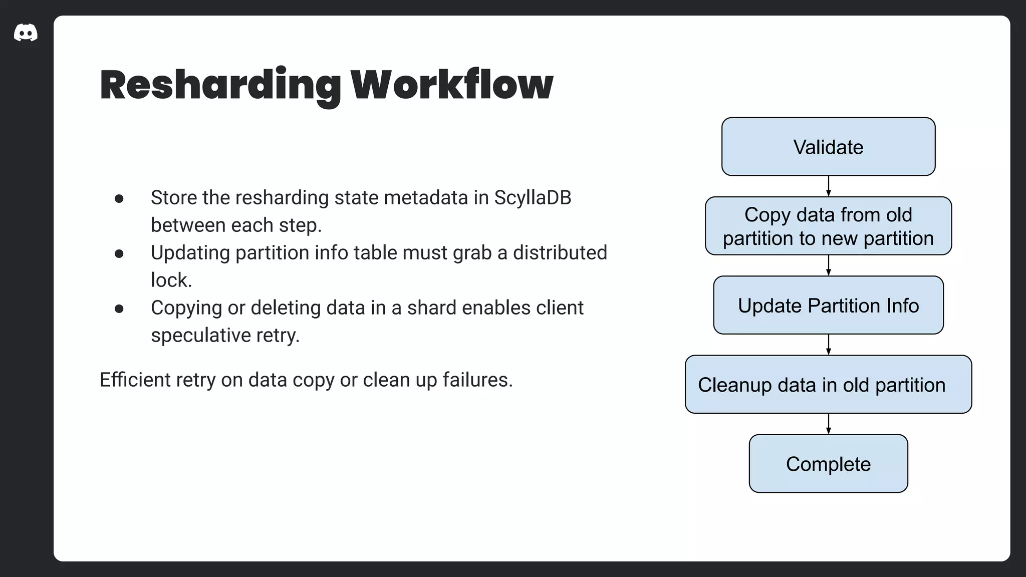Resharding Workflow
● Store the resharding state metadata in ScyllaDB
between each step.
● Updating partition info table must grab a distributed
lock.
● Copying or deleting data in a shard enables client
speculative retry.
Eﬃcient retry on data copy or clean up failures.
Validate
Copy data from old
partition to new partition
Update Partition Info
Cleanup data in old partition
Complete
 