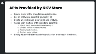 APIs Provided by KKV Store
● Create a new entity or update an existing one.
● Get an entity by a parent ID and entity ID.
...