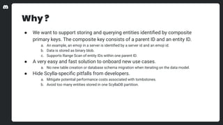 Why ?
● We want to support storing and querying entities identiﬁed by composite
primary keys. The composite key consists o...
