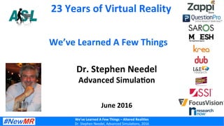 We’ve	
  Learned	
  A	
  Few	
  Things	
  –	
  Altered	
  Reali7es	
  
Dr.	
  Stephen	
  Needel,	
  Advanced	
  Simula6ons,	
  2016	
  
23	
  Years	
  of	
  Virtual	
  Reality	
  
Dr.	
  Stephen	
  Needel	
  
Advanced	
  Simula7on	
  
	
  
	
  
June	
  2016	
  
We’ve	
  Learned	
  A	
  Few	
  Things	
  
 