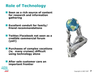Role of Technology Seen as a rich source of content for research and information gathering Excellent conduit for family/ friend recommendations Twitter/Facebook not seen as a credible commercial forum (yet!) Purchases of complex vacations (ie.  many cruises) difficult using technology alone After sale customer care an important frontier 
