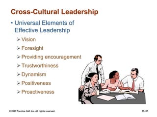 © 2007 Prentice Hall, Inc. All rights reserved. 17–37
Cross-Cultural Leadership
• Universal Elements of
Effective Leadership
➢Vision
➢Foresight
➢Providing encouragement
➢Trustworthiness
➢Dynamism
➢Positiveness
➢Proactiveness
 
