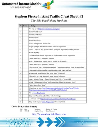 Stephen Pierce Instant Traffic Cheat Sheet #2
                           The .Edu Backlinking Machine
        #      Done      Activity

        1                Go sign up at http://www.academia.edu/signup
        2                Enter “First Name”
        3                Enter “Last Name”
        4                Enter “Email”
        5                Enter “Password”
        6                Select “Independent Researcher”
        7                Begin typing in the “Research Area” and see suggestions
        8                Select a topic for the “Research Area” (use your targeted keyword if possible)
        9                Click “Sign Up”
        10               “Add Research Interest” by typing in keywords and look at suggestions
        11               When done, click “Save and Continue”
        12               Check for Facebook friends that are already on Academia.
        13               When done, click “Save and Continue”
        14               Next, you can check for friends via email. Complete this step or click “Skip this Step”
        15               Search for articles related to your interest or click “Skip this Step”
        16               Click on the name of your blog in the upper right corner.
        17               Next, click on “Add Websites” in the bottom left corner.
        18               Add a website. Name = Target Keyword and URL = Target URL
        19               Click “Add another website” and repeat step #18 above two more times.
        20               When done, click “Save”
                         Copy your url (exp: http://independent.academia.edu/StephenPierce/Websites
        21
                         http://independent.academia.edu/YOURNAME/Websites)
        22               Go to www.Pingler.com
        23               Ping your Academia url with the website listings
        24               Add books (exp: http://independent.academia.edu/StephenPierce/Books)
        25               Ping books page at www.Pingler.com when completed.


Checklist Revision History
        Ver.    Date             Author(s)          Reason for Change
        1.0     180612           Stephen Pierce     Initial Version

                             http://www.AIMArticleBlaster.com
 