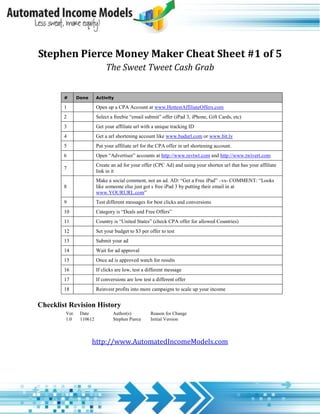 Stephen Pierce Money Maker Cheat Sheet #1 of 5
                             The Sweet Tweet Cash Grab


        #      Done      Activity

        1                Open up a CPA Account at www.HottestAffiliateOffers.com
        2                Select a freebie “email submit” offer (iPad 3, iPhone, Gift Cards, etc)
        3                Get your affiliate url with a unique tracking ID
        4                Get a url shortening account like www.budurl.com or www.bit.ly
        5                Put your affiliate url for the CPA offer in url shortening account.
        6                Open “Advertiser” accounts at http://www.revtwt.com and http://www.twivert.com
                         Create an ad for your offer (CPC Ad) and using your shorten url that has your affiliate
        7
                         link in it
                         Make a social comment, not an ad. AD: “Get a Free iPad” –vs- COMMENT: “Looks
        8                like someone else just got s free iPad 3 by putting their email in at
                         www.YOURURL.com”
        9                Test different messages for best clicks and conversions
        10               Category is “Deals and Free Offers”
        11               Country is “United States” (check CPA offer for allowed Countries)
        12               Set your budget to $3 per offer to test
        13               Submit your ad
        14               Wait for ad approval
        15               Once ad is approved watch for results
        16               If clicks are low, test a different message
        17               If conversions are low test a different offer
        18               Reinvest profits into more campaigns to scale up your income


Checklist Revision History
        Ver.    Date             Author(s)          Reason for Change
        1.0     110612           Stephen Pierce     Initial Version



                      http://www.AutomatedIncomeModels.com
 