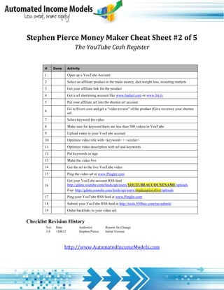 Stephen Pierce Money Maker Cheat Sheet #2 of 5
                              The YouTube Cash Register


        #      Done      Activity

        1                Open up a YouTube Account
        2                Select an affiliate product in the make money, diet/weight loss, investing markets
        3                Get your affiliate link for the product
        4                Get a url shortening account like www.budurl.com or www.bit.ly
        5                Put your affiliate url into the shorten url account
                         Go to Fiverr.com and get a “video review” of the product (Give reviewer your shorten
        6
                         url.
        7                Select keyword for video
        8                Make sure for keyword there are less than 500 videos in YouTube
        9                Upload video to your YouTube account
        10               Optimize video title with <keyword> + <sizzler>
        11               Optimize video description with url and keywords
        12               Put keywords in tags
        13               Make the video live
        14               Get the url to the live YouTube video
        15               Ping the video url at www.Pingler.com
                         Get your YouTube account RSS feed
        16               http://gdata.youtube.com/feeds/api/users/YOUTUBEACCOUNTNAME/uploads
                         Exp: http://gdata.youtube.com/feeds/api/users/stephenpiercelive/uploads
        17               Ping your YouTube RSS feed at www.Pingler.com
        18               Submit your YouTube RSS feed at http://tools.950buy.com/rss-submit/
        19               Order backlinks to your video url.


Checklist Revision History
        Ver.    Date             Author(s)          Reason for Change
        1.0     120612           Stephen Pierce     Initial Version



                      http://www.AutomatedIncomeModels.com
 