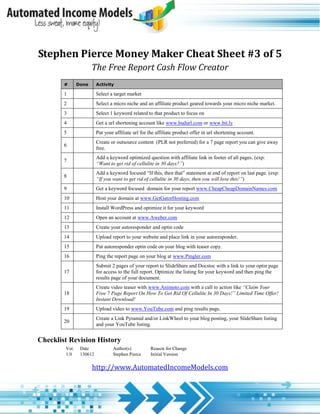Stephen Pierce Money Maker Cheat Sheet #3 of 5
                      The Free Report Cash Flow Creator
        #      Done      Activity

        1                Select a target market
        2                Select a micro niche and an affiliate product geared towards your micro niche market.
        3                Select 1 keyword related to that product to focus on
        4                Get a url shortening account like www.budurl.com or www.bit.ly
        5                Put your affiliate url for the affiliate product offer in url shortening account.
                         Create or outsource content (PLR not preferred) for a 7 page report you can give away
        6
                         free.
                         Add a keyword optimized question with affiliate link in footer of all pages. (exp:
        7
                         “Want to get rid of cellulite in 30 days?”)
                         Add a keyword focused “If this, then that” statement at end of report on last page. (exp:
        8
                         “If you want to get rid of cellulite in 30 days, then you will love this!”)
        9                Get a keyword focused domain for your report www.CheapCheapDomainNames.com
        10               Host your domain at www.GetGatorHosting.com
        11               Install WordPress and optimize it for your keyword
        12               Open an account at www.Aweber.com
        13               Create your autoresponder and optin code
        14               Upload report to your website and place link in your autoresponder.
        15               Put autoresponder optin code on your blog with teaser copy.
        16               Ping the report page on your blog at www.Pingler.com
                         Submit 2 pages of your report to SlideShare and Docstoc with a link to your optin page
        17               for access to the full report. Optimize the listing for your keyword and then ping the
                         results page of your document.
                         Create video teaser with www.Animoto.com with a call to action like “Claim Your
        18               Free 7 Page Report On How To Get Rid Of Cellulite In 30 Days!” Limited Time Offer!
                         Instant Download!
        19               Upload video to www.YouTube.com and ping results page.
                         Create a Link Pyramid and/or LinkWheel to your blog posting, your SlideShare listing
        20
                         and your YouTube listing.


Checklist Revision History
        Ver.    Date             Author(s)          Reason for Change
        1.0     130612           Stephen Pierce     Initial Version

                      http://www.AutomatedIncomeModels.com
 