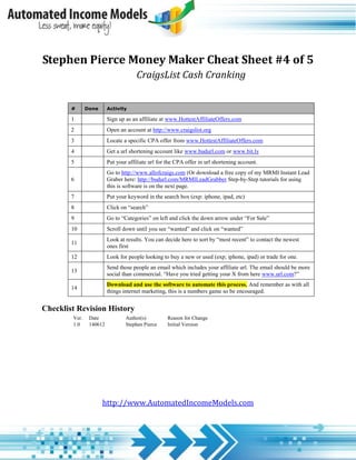 Stephen Pierce Money Maker Cheat Sheet #4 of 5
                                      CraigsList Cash Cranking


        #      Done      Activity

        1                Sign up as an affiliate at www.HottestAffiliateOffers.com
        2                Open an account at http://www.craigslist.org
        3                Locate a specific CPA offer from www.HottestAffiliateOffers.com
        4                Get a url shortening account like www.budurl.com or www.bit.ly
        5                Put your affiliate url for the CPA offer in url shortening account.
                         Go to http://www.allofcraigs.com (Or download a free copy of my MRMI Instant Lead
        6                Graber here: http://budurl.com/MRMILeadGrabber Step-by-Step tutorials for using
                         this is software is on the next page.
        7                Put your keyword in the search box (exp: iphone, ipad, etc)
        8                Click on “search”
        9                Go to “Categories” on left and click the down arrow under “For Sale”
        10               Scroll down until you see “wanted” and click on “wanted”
                         Look at results. You can decide here to sort by “most recent” to contact the newest
        11
                         ones first
        12               Look for people looking to buy a new or used (exp; iphone, ipad) or trade for one.
                         Send those people an email which includes your affiliate url. The email should be more
        13
                         social than commercial. “Have you tried getting your X from here www.url.com?”
                         Download and use the software to automate this process. And remember as with all
        14
                         things internet marketing, this is a numbers game so be encouraged.


Checklist Revision History
        Ver.    Date             Author(s)          Reason for Change
        1.0     140612           Stephen Pierce     Initial Version




                      http://www.AutomatedIncomeModels.com
 