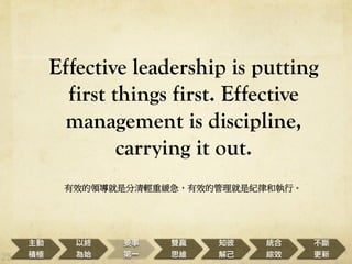 Effective leadership is putting
first things first. Effective
management is discipline,
carrying it out. 
ЧIǷpؾЧĹǼoɺ͈С 

eO
ԽK
ʼ
Ҫ
һ
pA
˼S
֪
⼺
y
CЧ


 