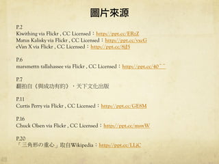 DƬԴ
P.2
Kiwithing via Flickr , CC Licensedhttp://ppt.cc/ERzZ
Matus Kalisky via Flickr , CC Licensedhttp://ppt.cc/vxcG
eVan X via Flickr , CC Licensedhttp://ppt.cc/8jJ5
P.6
marsmettn tallahassee via Flickr , CC Licensedhttp://ppt.cc/40~~
P.7
ԡɹԼĻ
P.11
Curtis Perry via Flickr , CC Licensedhttp://ppt.cc/GE8M
P.16
Chuck Olsen via Flickr , CC Licensedhttp://ppt.cc/mswW
P.20
ΤġȡWikipediahttp://ppt.cc/LLjC
 