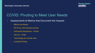 COVID: Pivoting to Meet User Needs
Washington University Libraries
• Assessments & Metrics that Document the Impacts
• eBook purchases
• EZ Proxy (off-campus) access
• Individual Interactions - Virtual
• Ask Us - Chats
• Technology for remote work
• Curbside Pickup
 