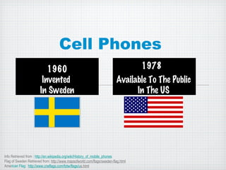 Cell Phones  ,[object Object],1978 Invented  In Sweden Available To The Public In The US Info Retrieved from :  http://en.wikipedia.org/wiki/History_of_mobile_phones Flag of Sweden Retrieved from:  http://www.mapsofworld.com/flags/sweden-flag.html Ame rican Flag:   http://www.crwflags.com/fotw/flags/u s.html 