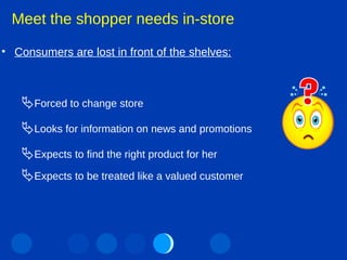 Forced to change store Looks for information on news and promotions Expects to find the right product for her   Expects to be treated like a valued customer  Meet the shopper needs in-store Consumers are lost in front of the shelves: 