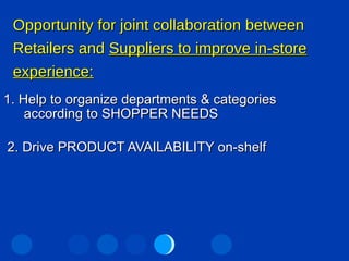 Opportunity for joint collaboration between Retailers and  Suppliers to improve in-store experience: 1. Help to organize departments & categories according to SHOPPER NEEDS 2. Drive PRODUCT AVAILABILITY on-shelf 